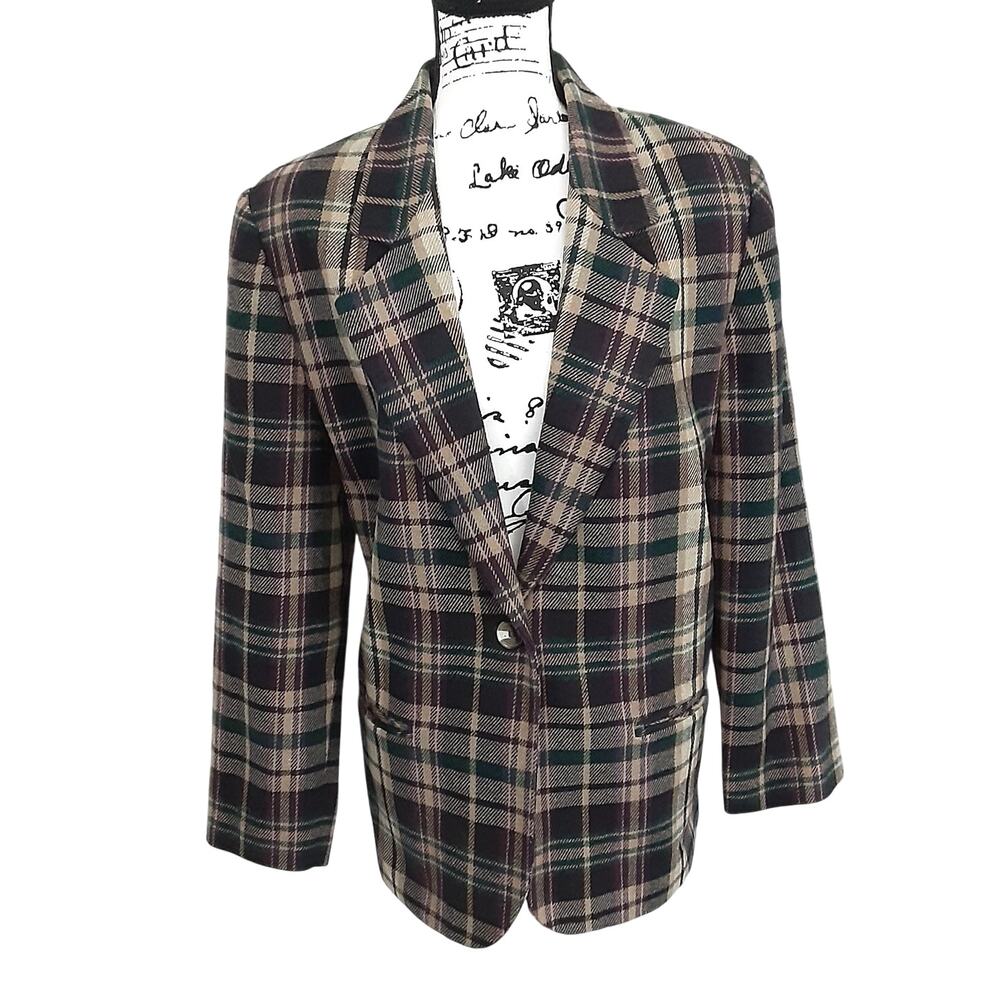 Vintage 1980s Wool Blend Blazer Jacket Tartan Plaid Green Purple Oversized Sz 16